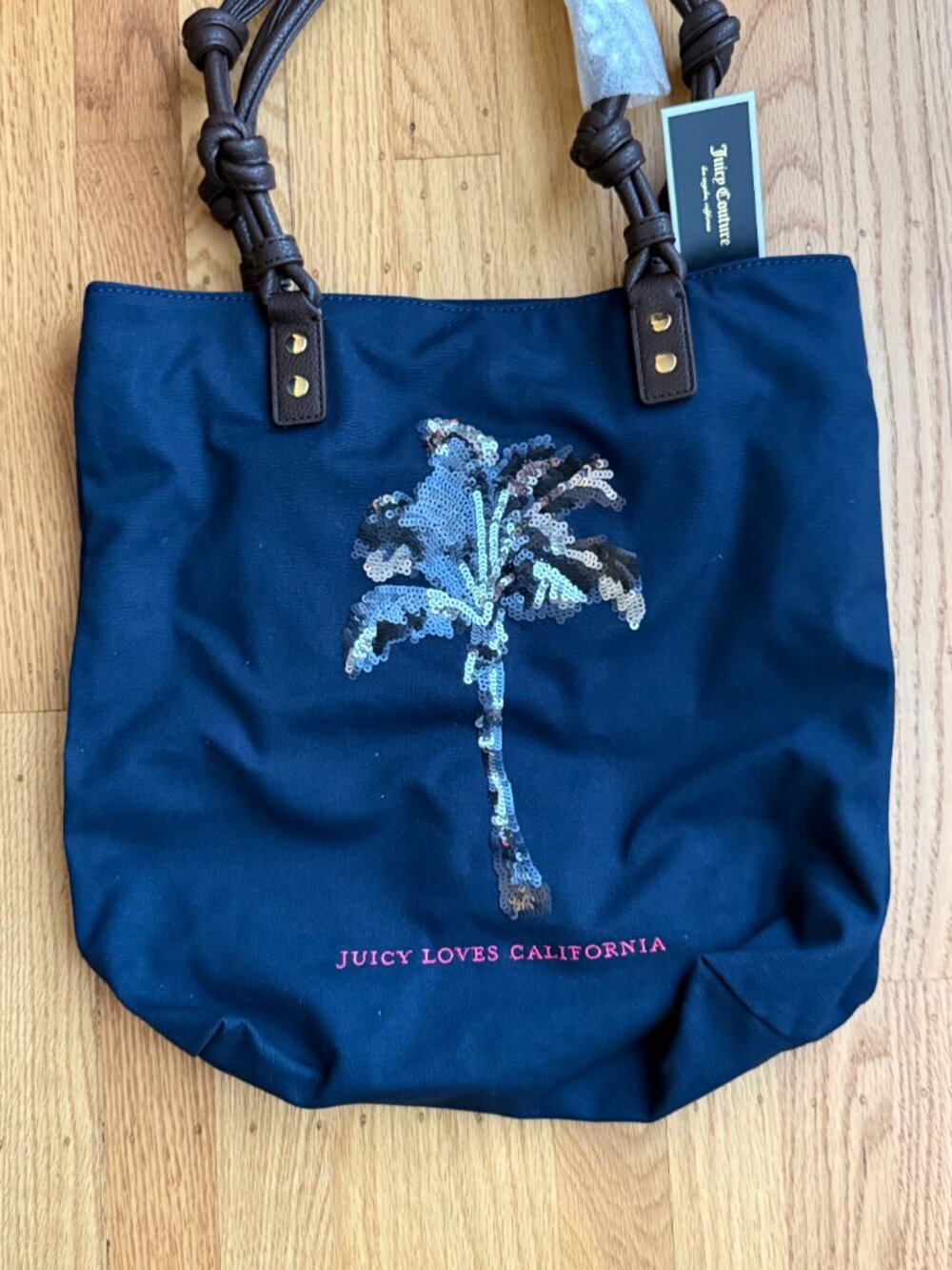 NWT Juicy Couture Sequin Palm Tree Tote Bag Navy Blue Canvas YHRU3464 Dust Bag - Picture 2 of 10